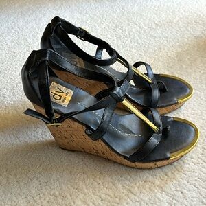 DV women black leather open toe straps buckle closure cork wedge platform shoes